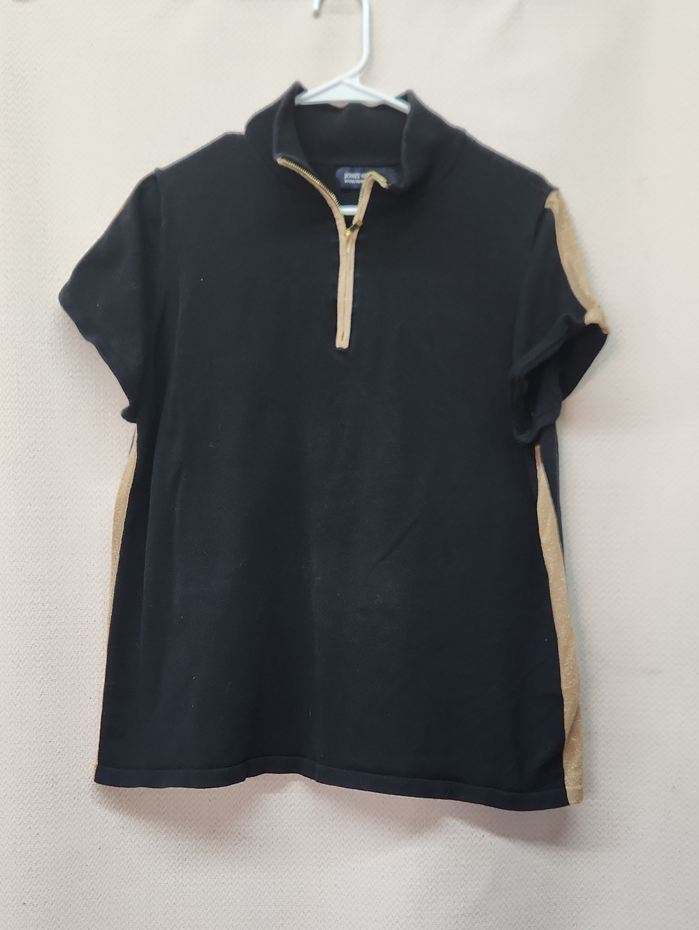 Jones New York Black Short-Sleeve Half-Zip Top with Gold Trim